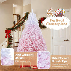 7 FT Pink Gradient Snow Flocked Pre-Lit Christmas Tree with 1264 Tips and 350 Warm White LEDs