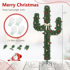 7 FT Pre-Lit Artificial Cactus Christmas Tree with 160 Warm White LED Lights and 60 Ball Ornaments