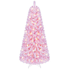 5 FT Pink Flocked Fir Christmas Tree with 432 Tips, 160 Warm White LEDs and 8 Lighting Modes
