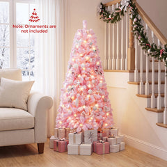 5 FT Pink Flocked Fir Christmas Tree with 432 Tips, 160 Warm White LEDs and 8 Lighting Modes
