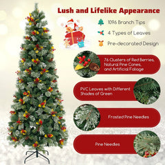 7.5 FT Pre-Lit Christmas Tree with 1096 Tips in Four Leaf Types, Red Berries and 460 Warm White LEDs