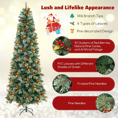 9 FT Pre-Lit Christmas Tree with 1416 Tips in Four Leaf Types, 92 Berry Clusters and 560 LEDs