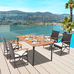 5 Piece Outdoor Dining Set, 63 Inch Acacia Topped Table with 1.9 Inch Umbrella Hole and 4 Wicker Armchairs with Wood Arms