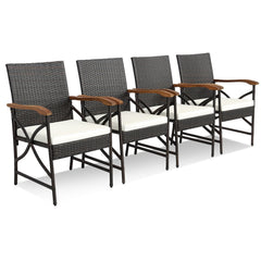 5 Piece Outdoor Dining Set, 63 Inch Acacia Topped Table with 1.9 Inch Umbrella Hole and 4 Wicker Armchairs with Wood Arms