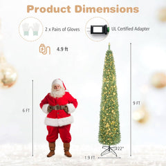9 FT Pre-Lit Slim Pencil Christmas Tree with 860 Branch Tips and 400 Warm White Light Beads