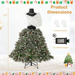 5 FT Pre-Lit Snowy Mannequin Dress Form Christmas Tree with 465 Tips, 36 Pine Cones and 50 Light Balls