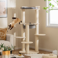 59 Inch Wooden Cat Tree with Pine Fence Perch, Non Woven Hammock and 4.4 Inch Sisal Posts, Gray