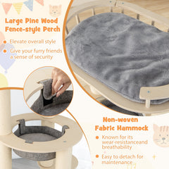59 Inch Wooden Cat Tree with Pine Fence Perch, Non Woven Hammock and 4.4 Inch Sisal Posts, Gray