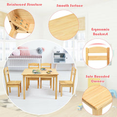 5 Piece Kids Table and 4 Chair Set, Natural Solid Pine