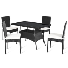 5 Piece Black Rattan Patio Dining Set, 47 Inch Tempered Glass Table and 4 High Back Chairs with Lift Off Cushions