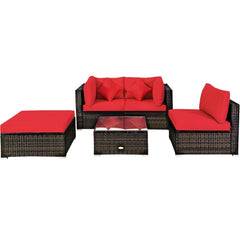 5 Piece Patio Rattan Sectional Set, 2 Corner Sofas, Armless Seat, Ottoman and Glass Coffee Table, Red