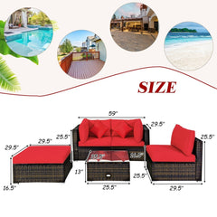 5 Piece Patio Rattan Sectional Set, 2 Corner Sofas, Armless Seat, Ottoman and Glass Coffee Table, Red