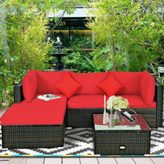 5 Piece Patio Rattan Sectional Set, 2 Corner Sofas, Armless Seat, Ottoman and Glass Coffee Table, Red