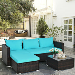 5 Piece Rattan Patio Sectional Set, Corner Sofa, 2 Armless Seats, Ottoman and Glass Coffee Table, Turquoise