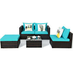5 Piece Rattan Patio Sectional Set, Corner Sofa, 2 Armless Seats, Ottoman and Glass Coffee Table, Turquoise