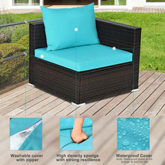 5 Piece Rattan Patio Sectional Set, Corner Sofa, 2 Armless Seats, Ottoman and Glass Coffee Table, Turquoise