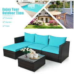 5 Piece Rattan Patio Sectional Set, Corner Sofa, 2 Armless Seats, Ottoman and Glass Coffee Table, Turquoise