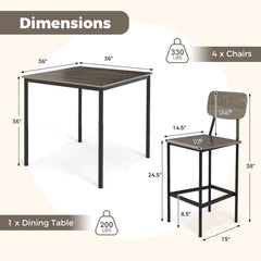 5-Piece Counter-Height Dining Bar Table Set with 4 Bar Chairs-Gray