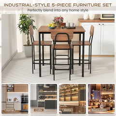 5-Piece Industrial Dining Table Set with Counter Height Table and 4 Bar Stools-Teak