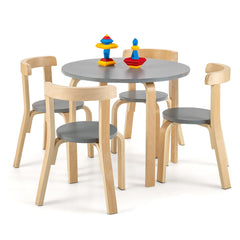 5 Piece Kids Wooden Round Table and 4 Curved Back Chair Set with Toy Bricks, Grey