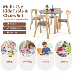 5 Piece Kids Wooden Round Table and 4 Curved Back Chair Set with Toy Bricks, Grey