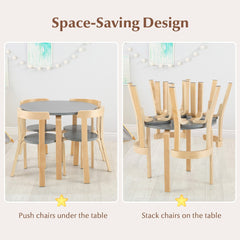 5 Piece Kids Wooden Round Table and 4 Curved Back Chair Set with Toy Bricks, Grey