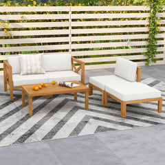 5 Piece Acacia Wood Patio Sectional Conversation Set with Ottoman and Coffee Table, Off White