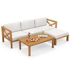 5 Piece Acacia Wood Patio Sectional Conversation Set with Ottoman and Coffee Table, Off White