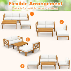 5 Piece Acacia Wood Patio Sectional Conversation Set with Ottoman and Coffee Table, Off White