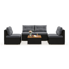 5 Piece Outdoor Rattan Seating Set, 4 Armless Sofas with Grey Cushions and Acacia Topped Coffee Table
