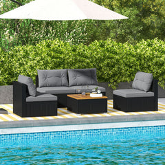 5 Piece Outdoor Rattan Seating Set, 4 Armless Sofas with Grey Cushions and Acacia Topped Coffee Table