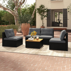 5 Piece Outdoor Rattan Seating Set, 4 Armless Sofas with Grey Cushions and Acacia Topped Coffee Table