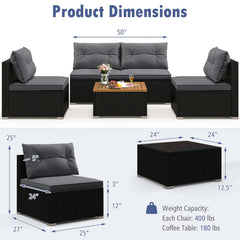 5 Piece Outdoor Rattan Seating Set, 4 Armless Sofas with Grey Cushions and Acacia Topped Coffee Table