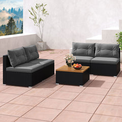 5 Piece Outdoor Rattan Seating Set, 4 Armless Sofas with Grey Cushions and Acacia Topped Coffee Table