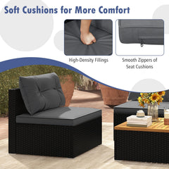 5 Piece Outdoor Rattan Seating Set, 4 Armless Sofas with Grey Cushions and Acacia Topped Coffee Table