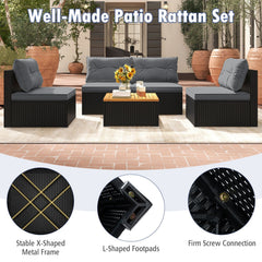 5 Piece Outdoor Rattan Seating Set, 4 Armless Sofas with Grey Cushions and Acacia Topped Coffee Table