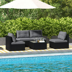 5 Piece Outdoor Patio Furniture Set, 4 Armless Rattan Seats and Glass Topped Coffee Table, Grey on Black