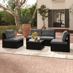 5 Piece Outdoor Patio Furniture Set, 4 Armless Rattan Seats and Glass Topped Coffee Table, Grey on Black
