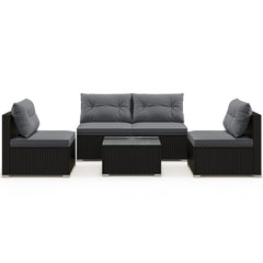 5 Piece Outdoor Patio Furniture Set, 4 Armless Rattan Seats and Glass Topped Coffee Table, Grey on Black