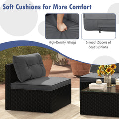 5 Piece Outdoor Patio Furniture Set, 4 Armless Rattan Seats and Glass Topped Coffee Table, Grey on Black