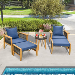 5 Piece Acacia and Rattan Patio Chair Set with 2 Ottomans and Round Glass Table, Navy