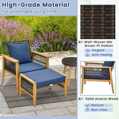 5 Piece Acacia and Rattan Patio Chair Set with 2 Ottomans and Round Glass Table, Navy