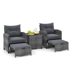 5 Piece Rattan Patio Chair Set with 2 Ottomans and Glass Coffee Table, Gray