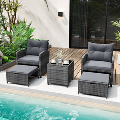 5 Piece Rattan Patio Chair Set with 2 Ottomans and Glass Coffee Table, Gray