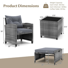5 Piece Rattan Patio Chair Set with 2 Ottomans and Glass Coffee Table, Gray