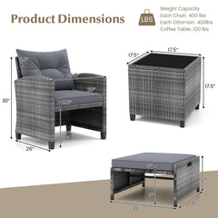 5 Piece Rattan Patio Chair Set with 2 Ottomans and Glass Coffee Table, Gray