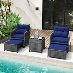 5 Piece Rattan Patio Chair Set with 2 Ottomans and Glass Coffee Table, Navy