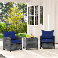 5 Piece Rattan Patio Chair Set with 2 Ottomans and Glass Coffee Table, Navy