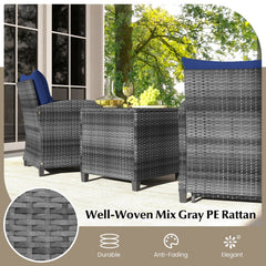 5 Piece Rattan Patio Chair Set with 2 Ottomans and Glass Coffee Table, Navy