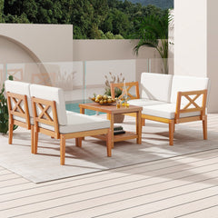 5 Piece Acacia Wood Patio Sectional Conversation Set with 2 Tier Coffee Table, Off White